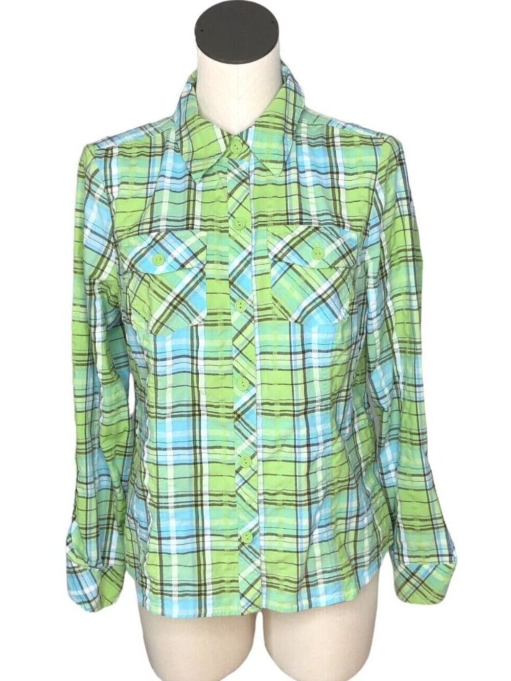 Christopher & Banks Button Down Shirt M Plaid Long Sleeves Green Blue Western - Picture 2 of 8